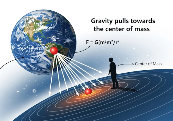 Gravity pulls toward center of mass