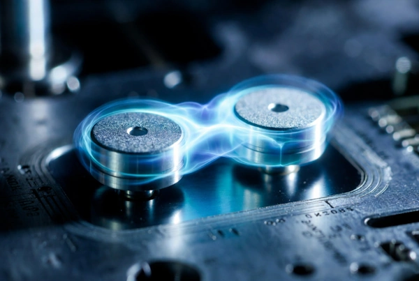  3D illustration of two microscopic aluminum drums on a silicon chip connected by a glowing blue quantum link, representing the 2021 NIST macroscopic entanglement experiment.