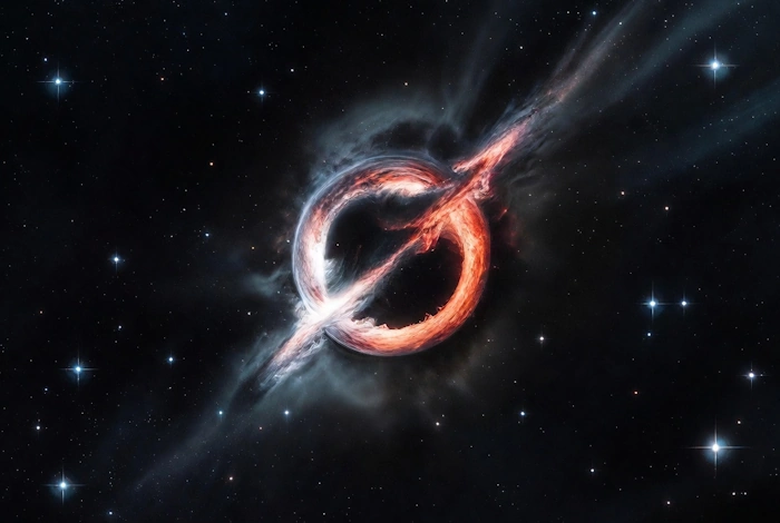 Digital illustration with a black hole emitting radiation, according to Steven Hawking's theory