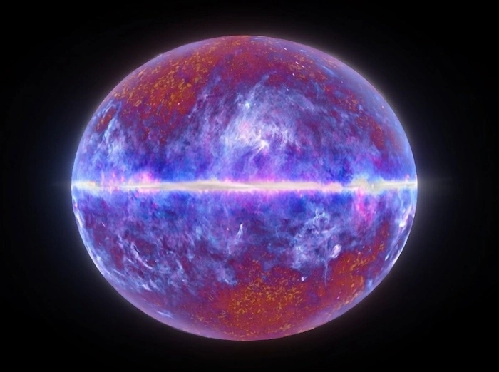 Artistic representation of the Cosmic Microwave Background (CMB): a colorful sphere depicting the faint microwave afterglow of the Big Bang with purple-blue-red temperature variation patterns