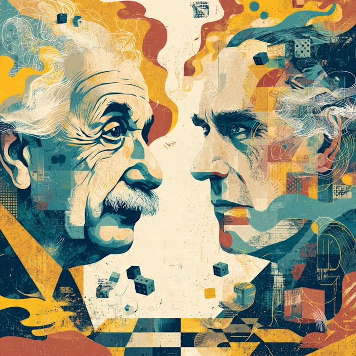 Stylized editorial illustration of Albert Einstein and Niels Bohr facing each other. Einstein is surrounded by smooth curves, while Bohr is surrounded by pixelated dice and geometric shapes. A chessboard lies between them.
