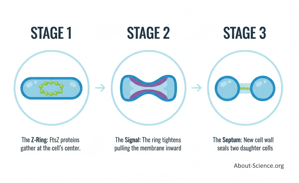 A three-panel illustration of bacterial cell division (binary fission). Stage 1 shows a rod-shaped bacterial cell with a yellow Z-ring made of FtsZ proteins assembled at the midcell. Stage 2 depicts the Z-ring contracting, pulling the cell membrane inward to form a visible constriction. Stage 3 shows the completed division with a new cell wall septum (yellow) sealing the two spherical daughter cells that remain connected at the center. Source: About-Science.org