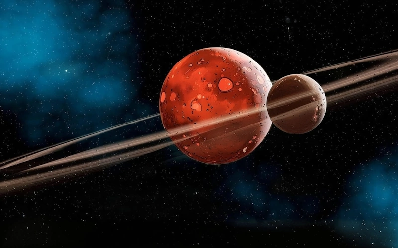 Illustration of a crimson, cratered planet encircled by thin rings, with a smaller brownish moon orbiting nearby, set against a starry black space background with blue nebulous hues.