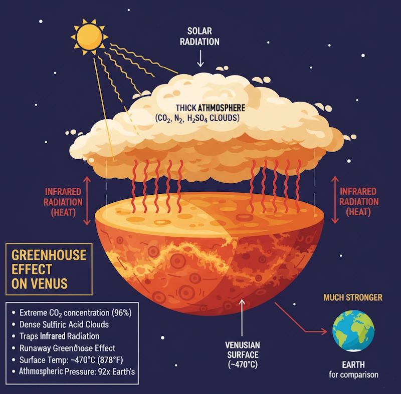 The digital illustration explains the Greenhouse effect on Venus