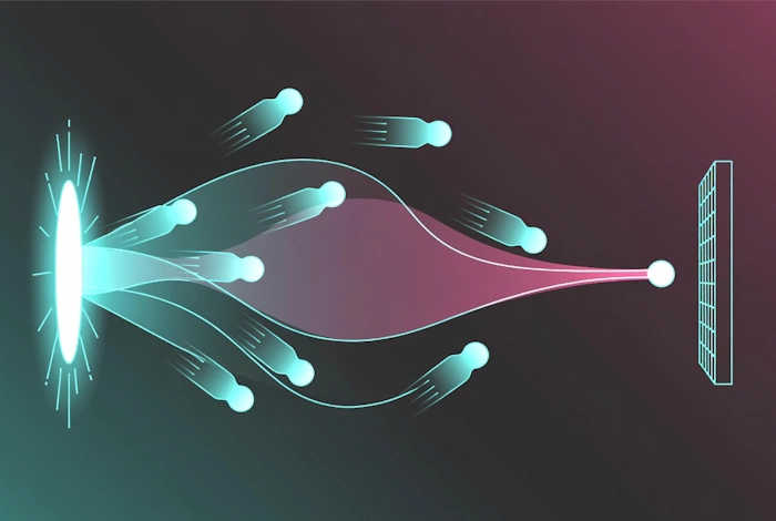 bstract illustration of quantum superposition and wave function collapse. Multiple cyan ghost particles travel curved paths simultaneously before merging into a single solid pink path upon reaching a detector.