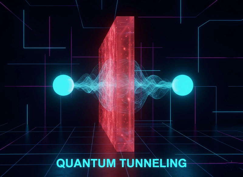 This image visualizes the core mechanism: the particle dissolving into a wave to pass through the barrier.