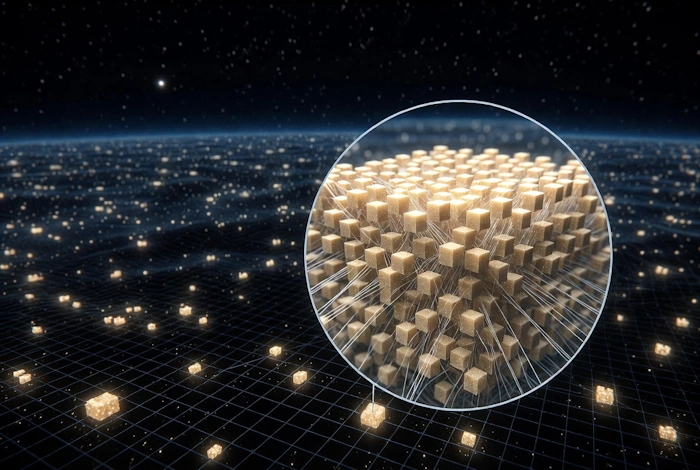 Digital illustration showing the concept of pixelated reality in quantum physics