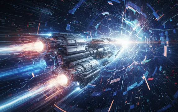 Conceptual illustration of Simulation Theory. A spaceship travels through a digital tunnel at light speed; the front of the ship is an unrendered wireframe mesh while the back is realistic, visualizing Einstein's relativity as a computational processing bottleneck.