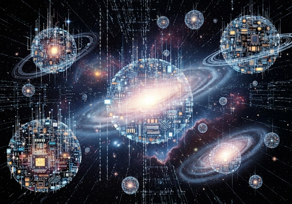 The illustration represents the concept of simulation theory, where Universe is digital