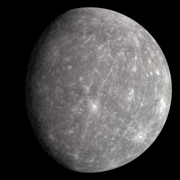 True-color view of planet Mercury showing a gray cratered globe